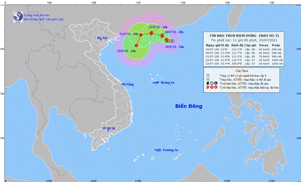 Vị trí và đường đi dự kiến của bão số 3. (Nguồn: nchmf.gov.vn)