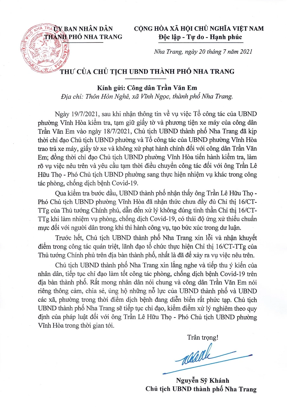 Thư xin lỗi của Chủ tịch UBND TP Nha Trang.