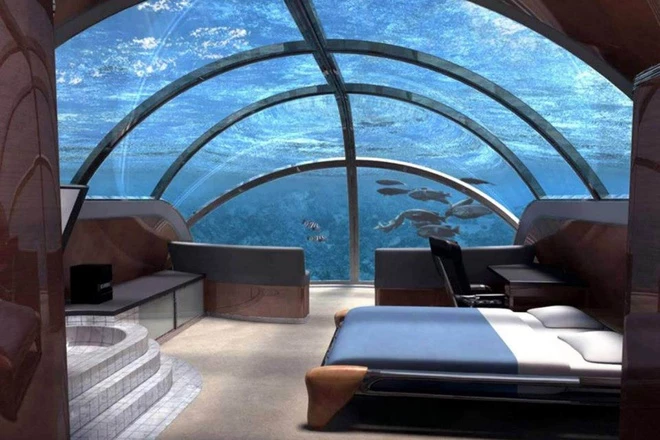 Theo Travel Top List, khách sạn đắt nhất thế giới năm 2021 là Lover’s Deep Luxury Submarine. Khách sạn này nằm ngoài khơi một hòn đảo thuộc vùng Caribbean. Mức giá mỗi đêm vào khoảng 150.000 USD. Với vị trí dưới nước, du khách sẽ được ngắm nhìn cảnh quan đại dương khi ở đây. Ảnh: Zonetofen.