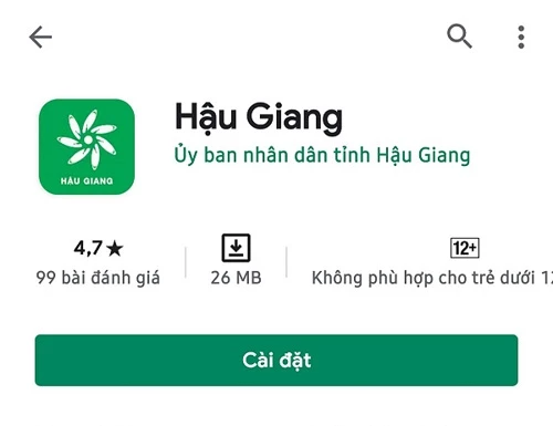 Người dùng vào mục tìm kiếm để tải và cài đặt app “Hậu Giang” với biểu tượng màu xanh lá có bông hoa 7 cánh.