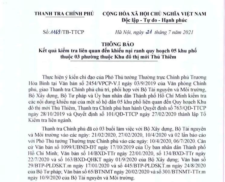 Thanh tra Chính phủ thông báo kết quả kiểm tra liên quan đến khiếu nại ranh quy hoạch 5 khu phố tại 3 phường thuộc khu đô thị mới Thủ Thiêm.