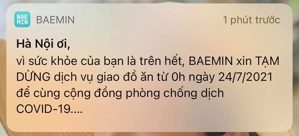 Baemin gửi thông báo tới khách hàng.