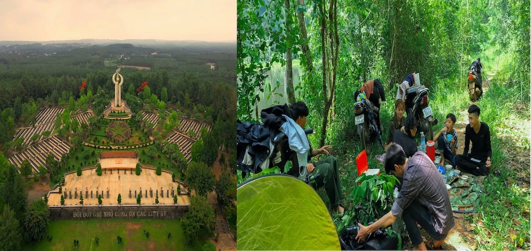 Nghĩa trang liệt sỹ tỉnh Bình Phước (trái) và phía Bắc khu rừng nguyên sinh Mã Đà, H.Đồng Phú (phải) là nơi thực hiện các cảnh quay trong bộ phim “Kim Cương Đen”