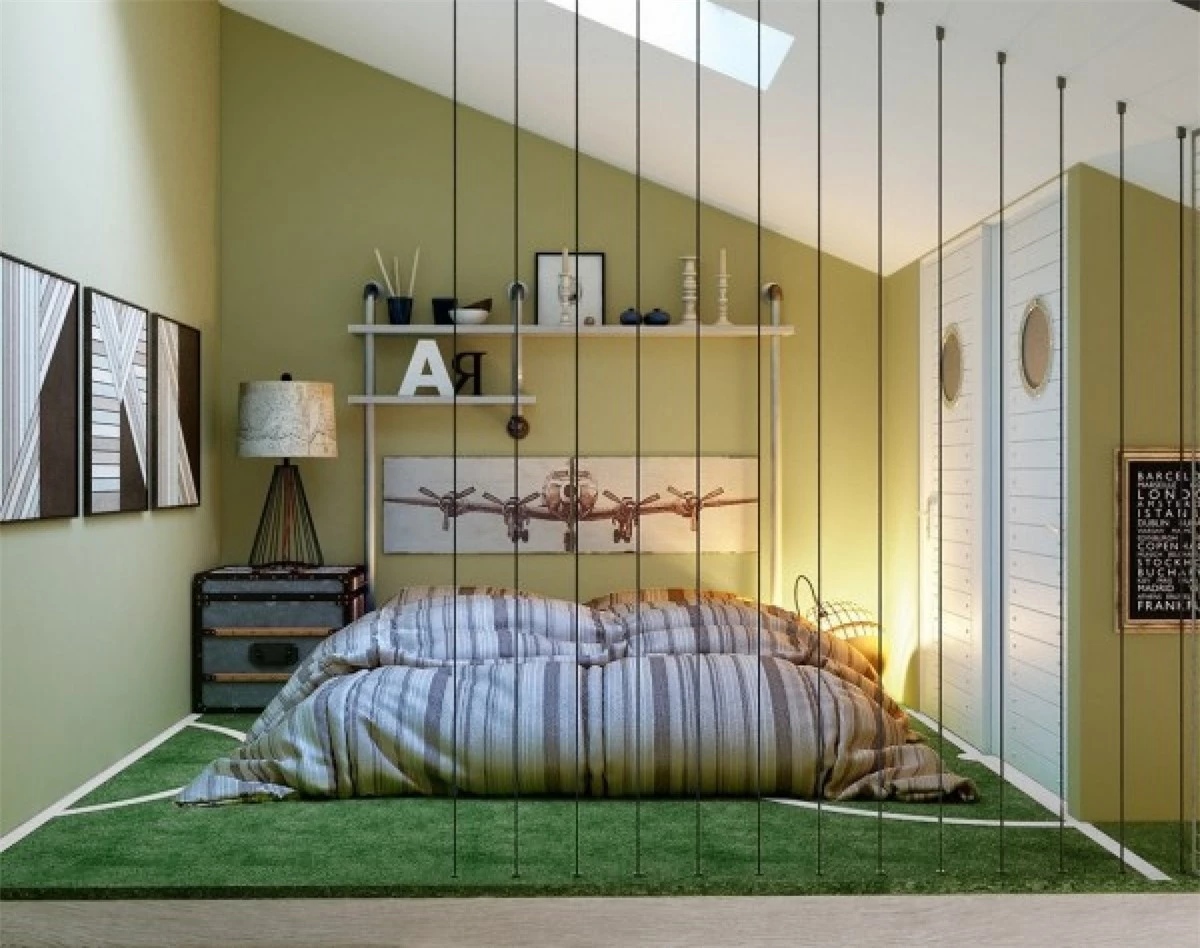 Giường ngủ thấp sát đất và được ngăn cách với không gian còn lại thông qua vách ngăn sáng tạo.