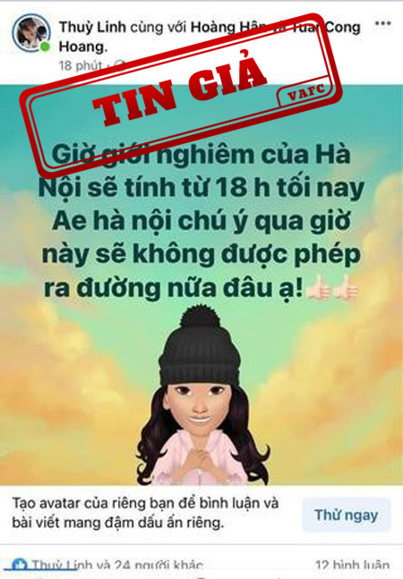Thông tin Hà Nội 'giới nghiêm' từ 18h tối nay lan truyền trên Facebook là tin giả