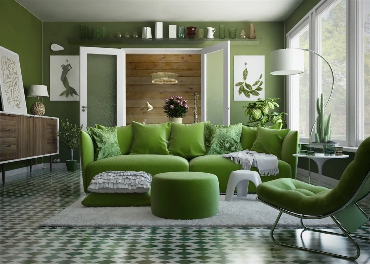 Màu xanh lá cây và các điểm nhấn bằng gỗ mang lại một phòng khách vừa mộc mạc lại không kém sự tươi mới.