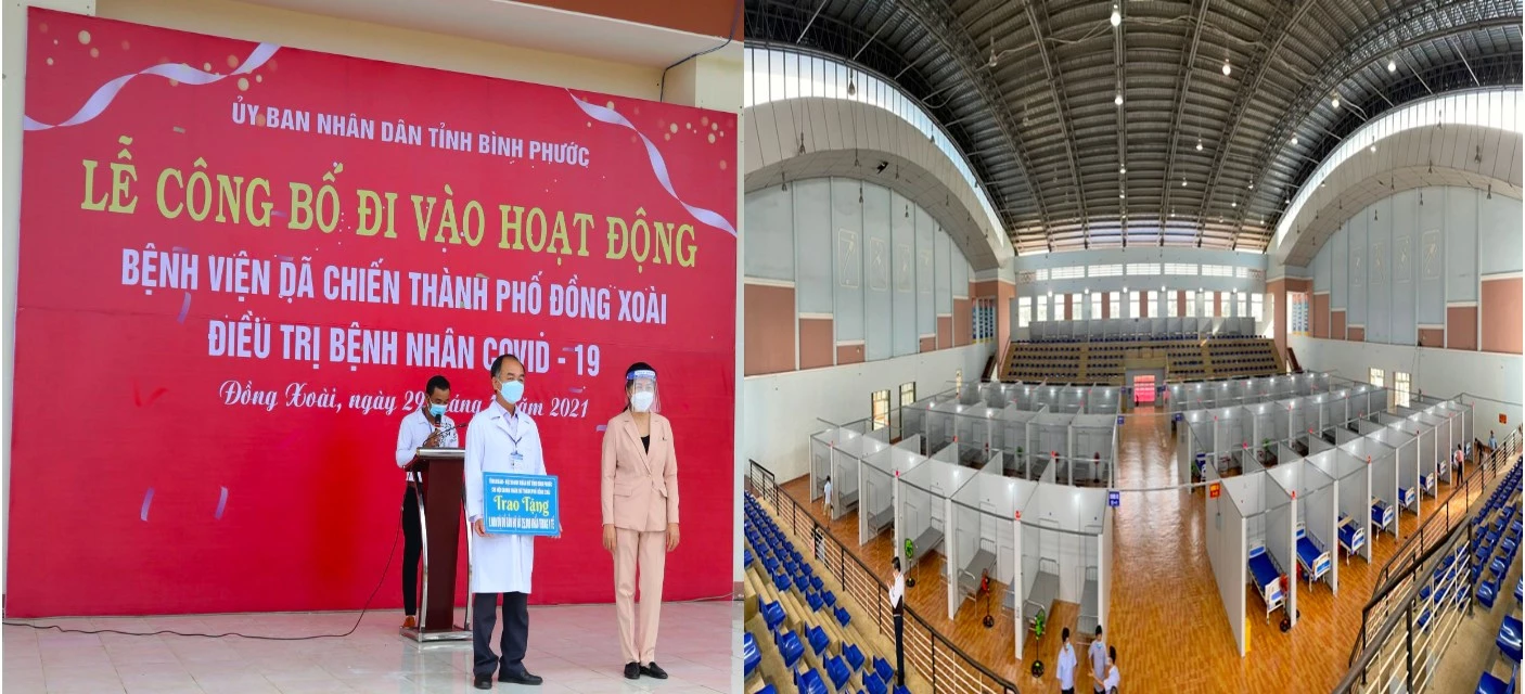 Chủ tịch Hội Nữ doanh nhântỉnhGiang Thị LanThu (bìa phải của ảnh bên trái) trao 1.000 bộ đồ bảo hộ y tế và 30.000 khẩu trang cho Bệnh viện dã chiến TP Đồng Xoài