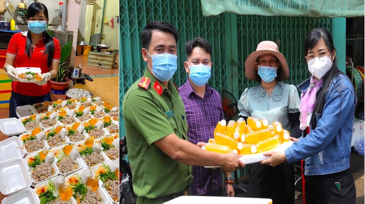 Hội viênBùi ThịThu Phương- Chi hội Nữ doanh nhân huyện biên giới Lộc Ninh (hình trái) tham gia nấu những suất ăn miễn phí để gửi tặng các chốt kiểm dịch và các khu cách ly - phong tỏa 