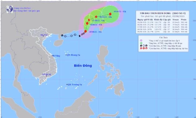 Vị trí và đường đi của tâm bão số 4. (Ảnh: Trung tâm khí tượng thủy văn quốc gia)