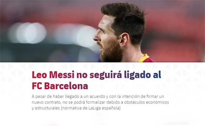 Barcelona tiếc nuối vì không thể giữ chân Messi