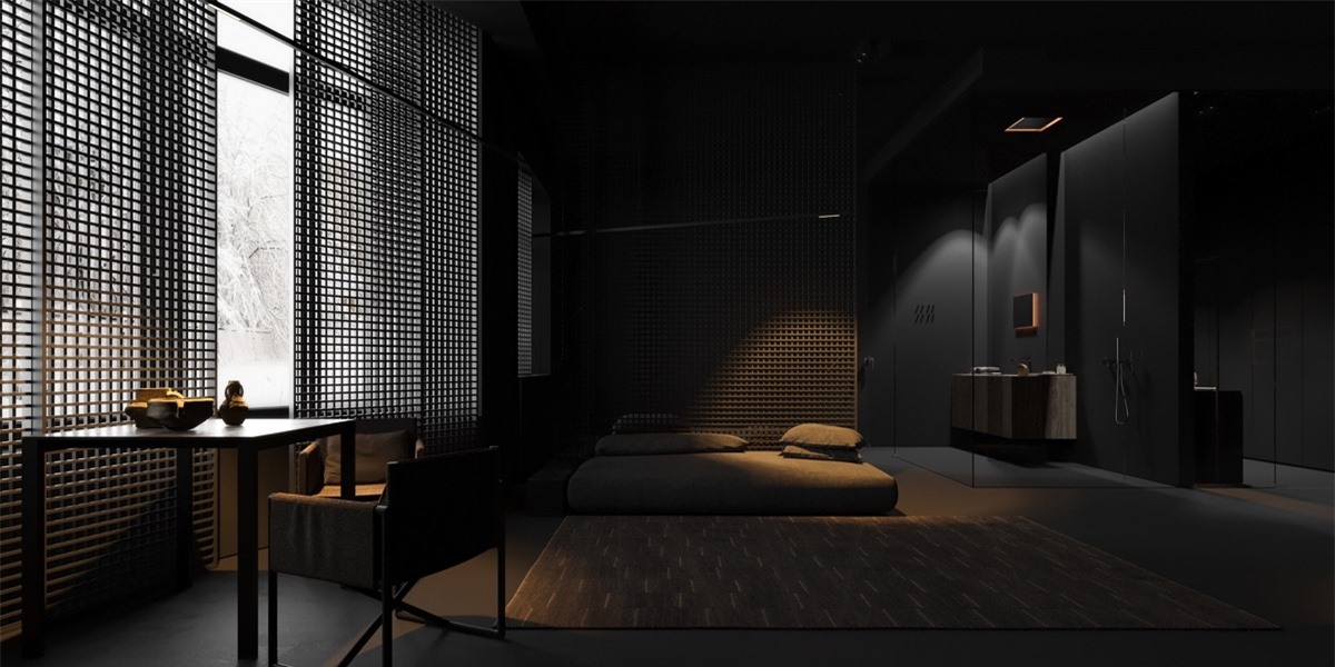 Một phòng ngủ hoàn toàn màu đen phù hợp với lối trang trí tối giản nhưng vô cùng hiện đại.