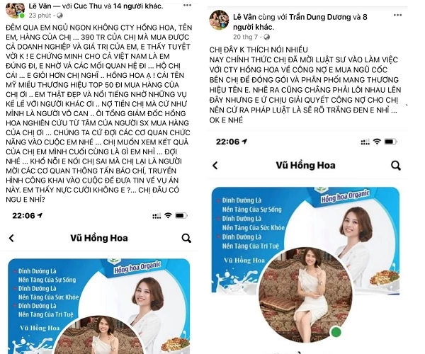 Tài khoản Facebook Lê Vân và Trần Dung Dương… chia sẻ nhiều hình ảnh của Giám đốc Công ty Hồng Hoa khi chưa được sự đồng ý, đồng thời có hàng loạt các bình luận nói xấu vị giám đốc này.
