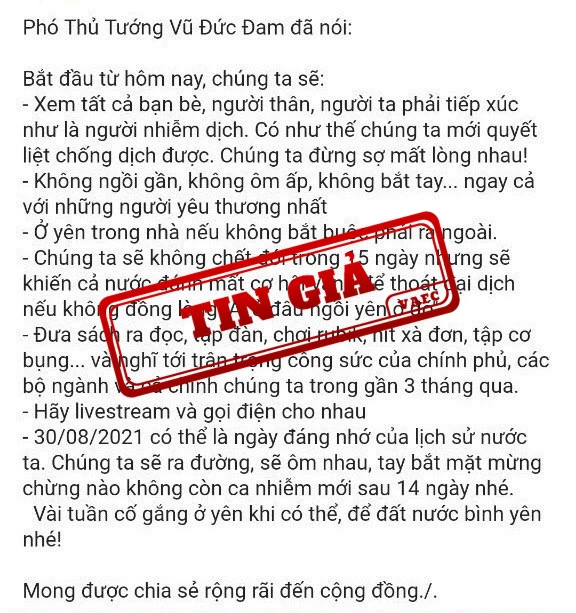 Tin giả mạo phát ngôn của Phó Thủ tướng Vũ Đức Đam.