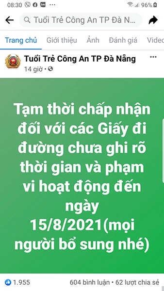 Đến 8h30 sáng 11/8, dòng thông báo trên FB "Tuổi Trẻ Công An TP Đà Nẵng" đã thu hút 1.955 lượt like, 604 bình luận và 62 luwpwjt chia sẻ 