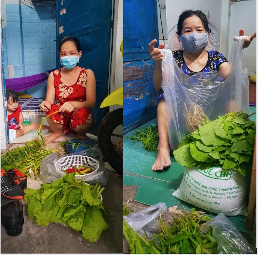 Người dân quận Bình Thạnh (TP Hồ Chí Minh) vui mừng lặt những bó rau được các bạn trẻ Bình Phước gửi đến để chuẩn bị cho bữa cơm chiều