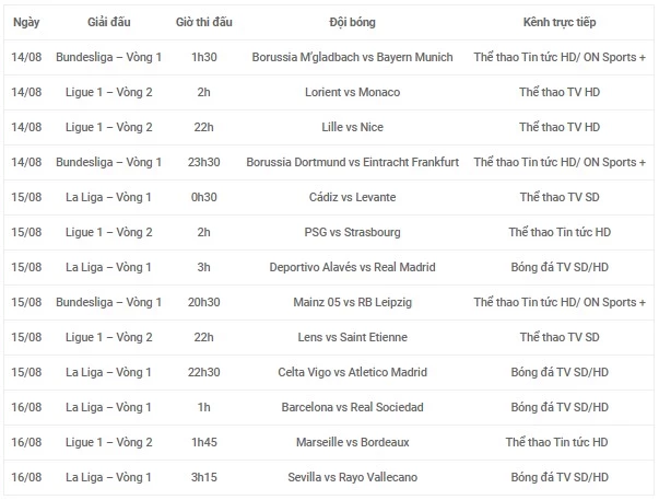 Lịch trực tiếp miễn phí các trận đấu Ligue 1, La Liga, Bundesliga trên VTVcab ON