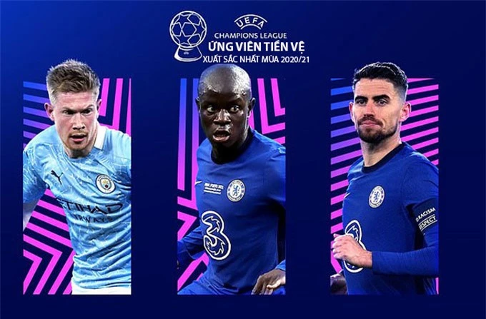 Vị trí tiền vệ (trái sang): Kevin de Bruyne (Man City), N'Golo Kante (Chelsea) và Jorginho (Chelsea)