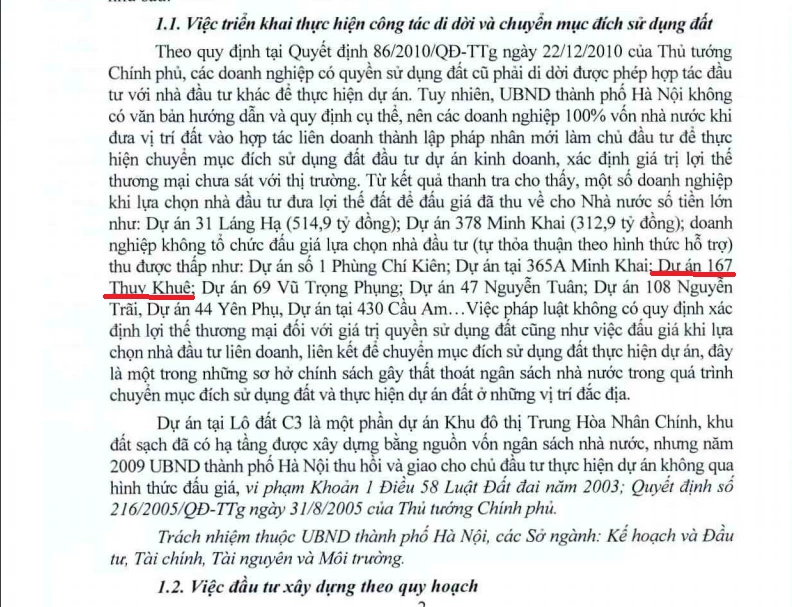 dày 30 trang, trong đó Dự án 167 Thụy Khuê được nhắc tới 1 lần trong phần nội dung liên quan chiếm chưa đầy 1 trang.