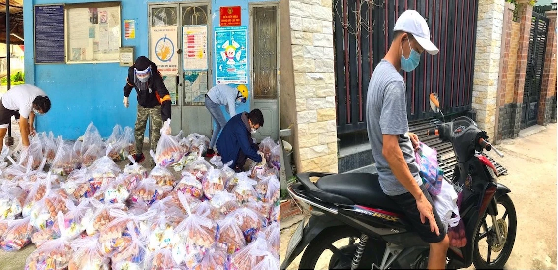 Các thành viên của nhóm Bụi Kết Nối sống tại TP Hồ Chí Minh chia hàng hóa trên chuyến xe thứ 9 thành những phần quà nhỏ và tìm mọi cách để chuyển đến người dân gặp khó trong bão dịch