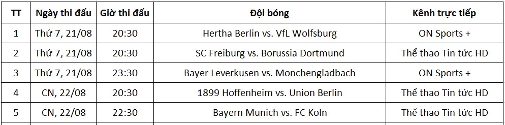 Lịch thi đấu và kênh trực tiếp Bundesliga từ ngày 21-24/08