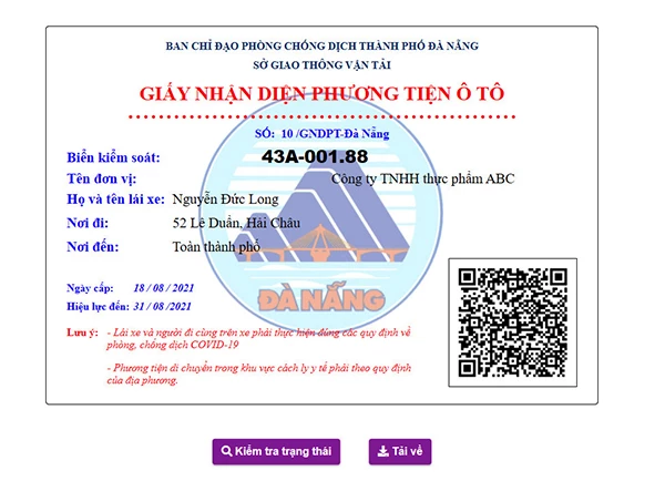 Bản demo Giấy nhận diện phương tiện ô tô của Sở GTVT Đà Nẵng trên cơ sở ứng dụng Hệ thống cấp phát và quản lý QRCode nói chung, Quản lý nhận diện phương tiện ưu tiên “luồng xanh”