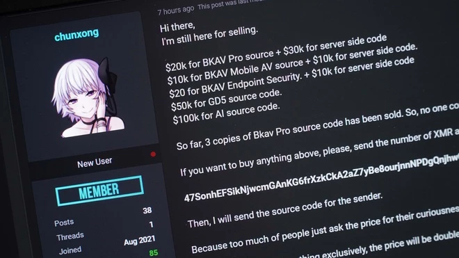 hunxong cho biết đã bán được 3 phiên bản mã nguồn của phần mềm diệt virus Bkav Pro, mỗi phiên bản có giá 20.000 USD. Do đó, không ai sở hữu độc quyền bộ dữ liệu này