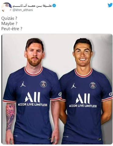 Bức ảnh Messi và Ronaldo chung màu áo PSG được họ hàng Tiểu vương Qatar đăng trên Twitter khiến Juventus nổi giận.