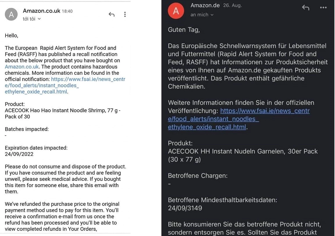 Amazon Anh và Đức đã lên tiếng cảnh báo người dùng hủy bỏ mì Hảo Hảo có chất độc hại. 