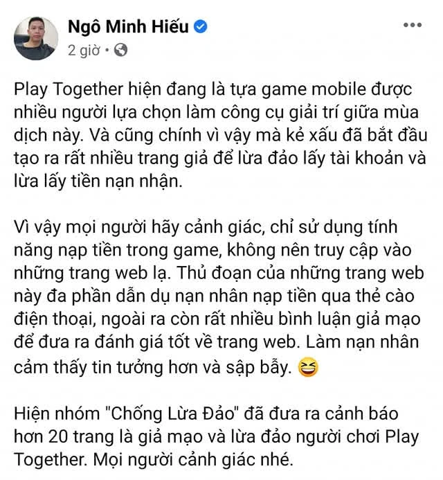 nhóm "Chống lừa đảo" của Hiếu PC đã đưa ra cảnh báo hơn 20 trang là giả mạo và lừa đảo người chơi Play Together