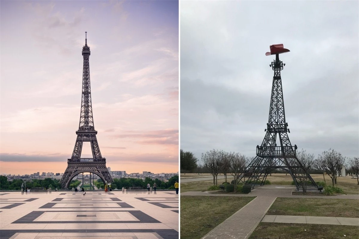 Sự khác biệt giữa tháp Eiffel ở Paris (Pháp) và Paris (Texas, Mỹ) nằm ở đỉnh tháp.