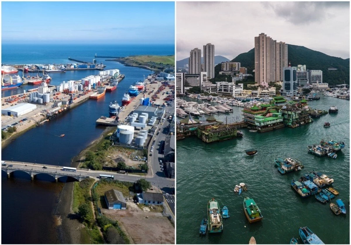 Aberdeen (Scotland) ảnh bên trái, bên phải là cảng Aberdeen Harbour ở Hồng Kông (Trung Quốc)