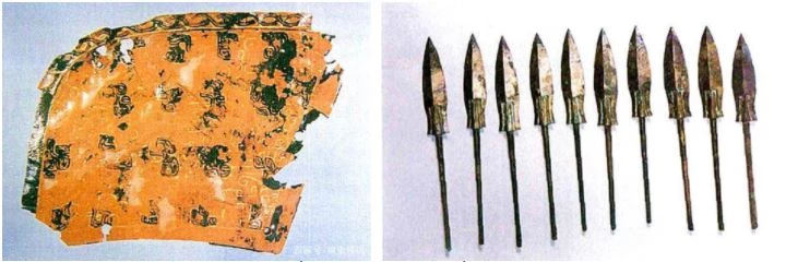 Mảnh áo giáp và những chiếc mũi tên được tìm thấy trong lăng mộ. Hình ảnh: Sina