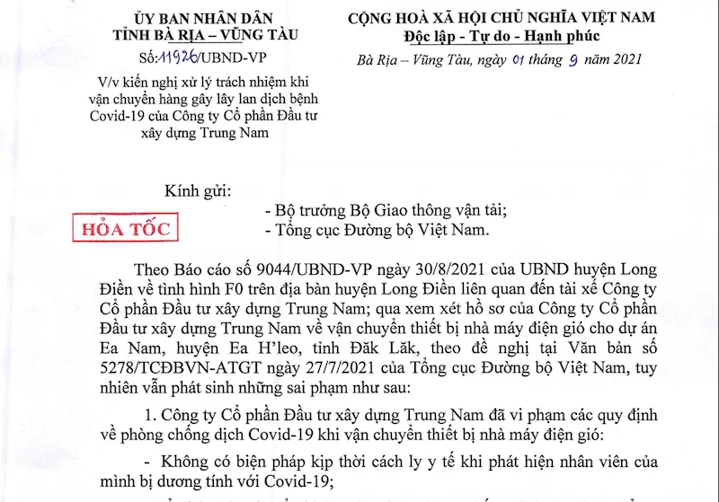 Công văn số 11926/UBDN-VP của UBND tỉnh Bà Rịa - Vũng Tàu về việc "Kiến nghị xử lý trách nhiệm khi vận chuyển hàng gây lây lan dịch bệnh COVID-19 của Trung Nam Group". Công văn số 11926/UBDN-VP của UBND tỉnh Bà Rịa - Vũng Tàu về việc "Kiến nghị xử lý trách nhiệm khi vận chuyển hàng gây lây lan dịch bệnh COVID-19 của Trung Nam Group".