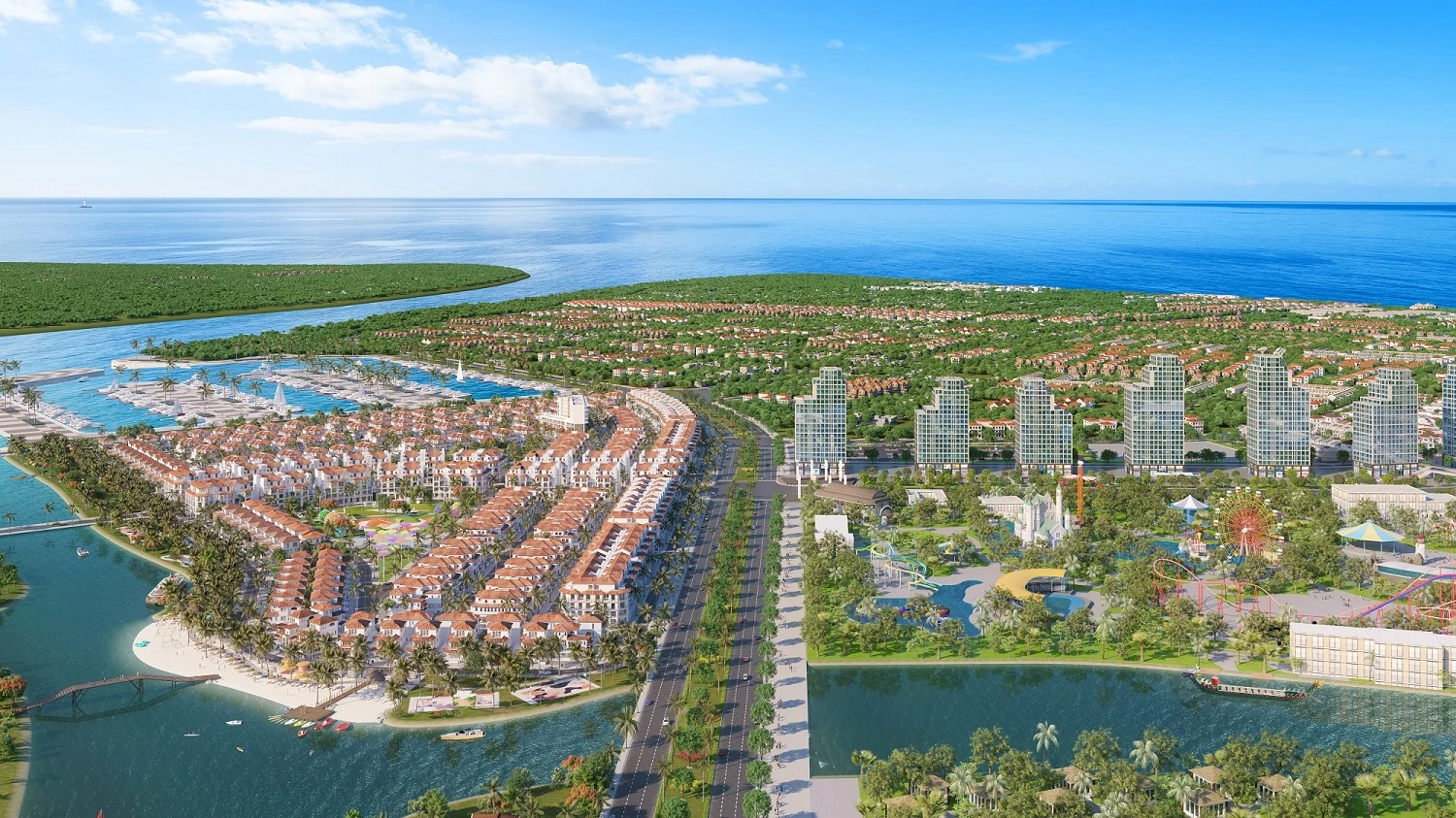 Sun Group sẽ đánh thức dòng sông Đơ tại Sầm Sơn và kiến tạo thành phố nghỉ dưỡng đa sắc màu kế sông kề biển. Ảnh phối cảnh minh họa.