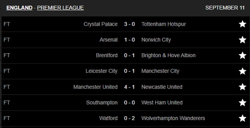 Kết quả các trận đấu đã kết thúc ở vòng 4 Premier League. Ảnh: Livescore.
