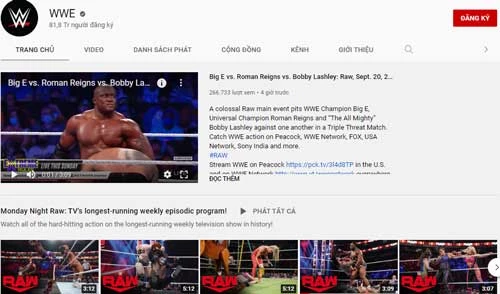 6. WWE (Lượt đăng ký: 81,8 triệu).