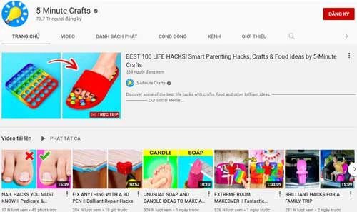 9. 5-Minute Crafts (Lượt đăng ký: 73,7 triệu).