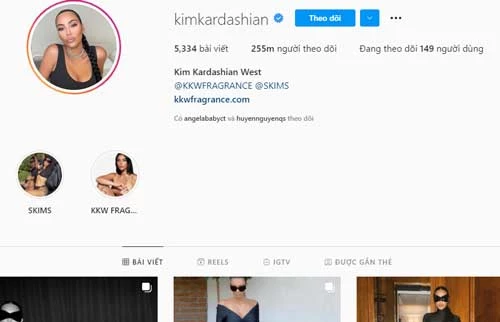 8. Kim Kardashian - Lượt theo dõi: 255 triệu người.