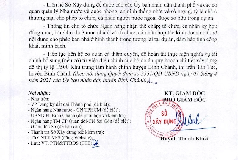 Một phần văn bản Số 8944/SXD - PTN&TTBĐS ngày 17/9/2021 của Sở Xây dựng TP Hồ Chí Minh.