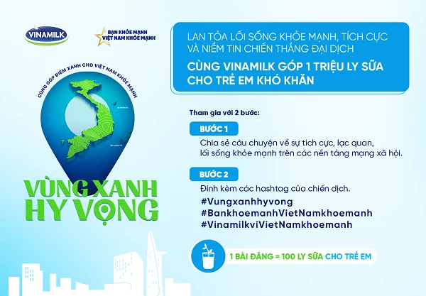 Mọi người đều có thể góp thêm “điểm xanh” cùng tạo nên nhiều “vùng xanh hy vọng” và mang 1 triệu ly sữa được trao tặng đến trẻ em khó khăn.