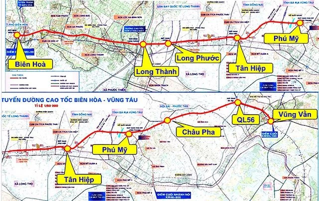 Sơ đồ đường cao tốc Biên Hòa – Vũng Tàu (đường màu đỏ).