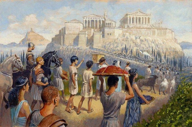 Lễ hội Panathenaea là sự kiện quan trọng hàng đầu tại Athens, nhằm kỷ niệm ngày sinh của nữ thần Athena. Vào ngày này, người dân sẽ dâng 100 con bò cái để hiến sinh, như một cách bày tỏ lời cảm ơn nữ thần Athena vì đã có công bảo vệ thành phố Athens. Ảnh: Calendario Pagano.