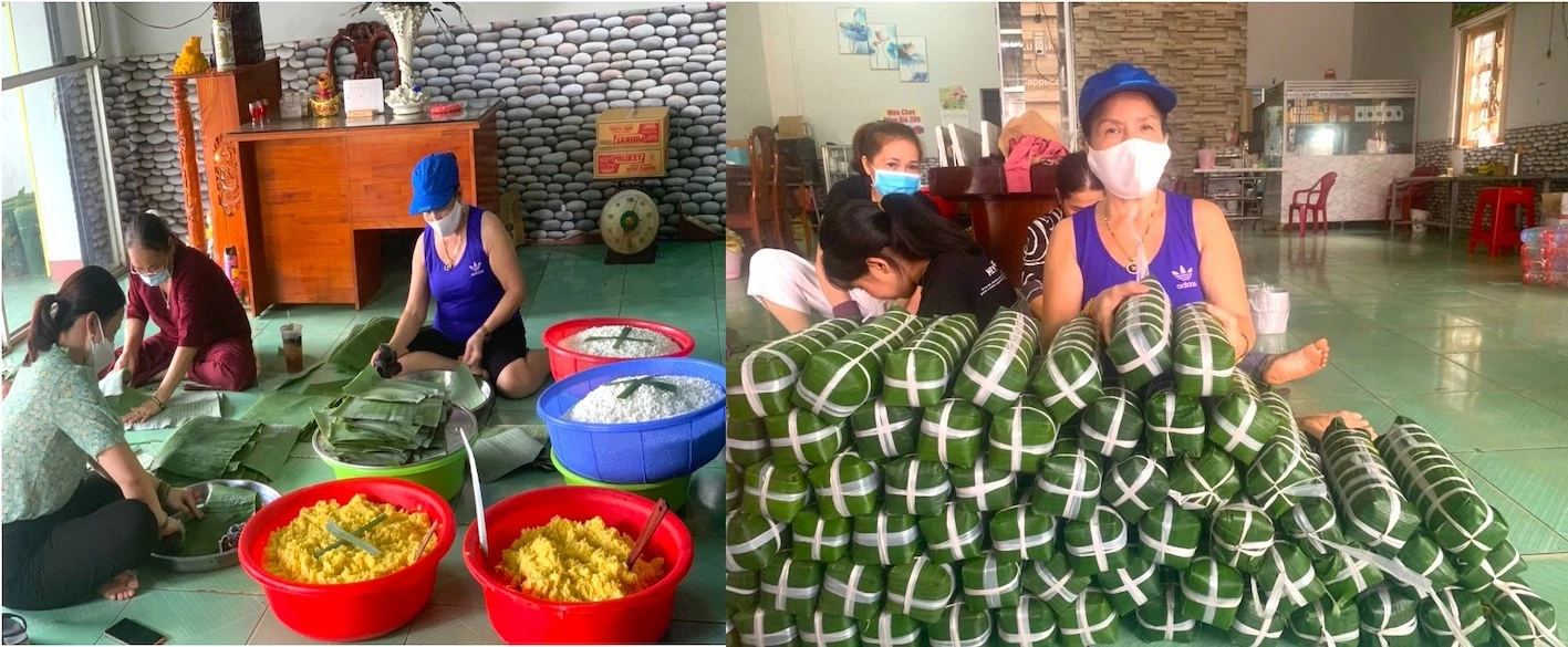 Bà Trần Thị Bông - thành viên CLB Sen Hồng - Chủ Bếp cơm Nhà Bông, TX Phước Long (hình bên phải, đội nón) cùng các thành viên của CLB và một số người thân hăng hái gói bánh tét gửi vùng dịch