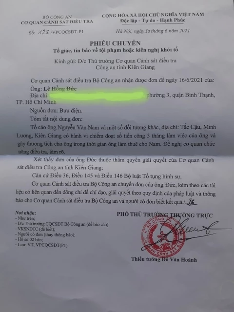 Đơn tố cáo của nạn nhân đều được chuyển về Công an tỉnh Kiên Giang giải quyết theo thẩm quyền.