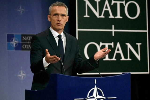 Tổng thư ký NATO Jens Stoltenberg phát biểu tại trụ sở NATO ở Brussels, Bỉ - Ảnh: John Thys, AFP