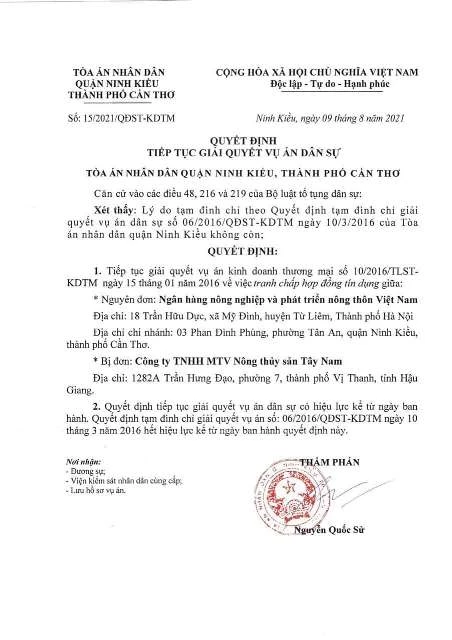 Quyết định tiếp tục giải quyết vụ án dân sự của Tòa án ND quận Ninh Kiều, TP Cần Thơ.