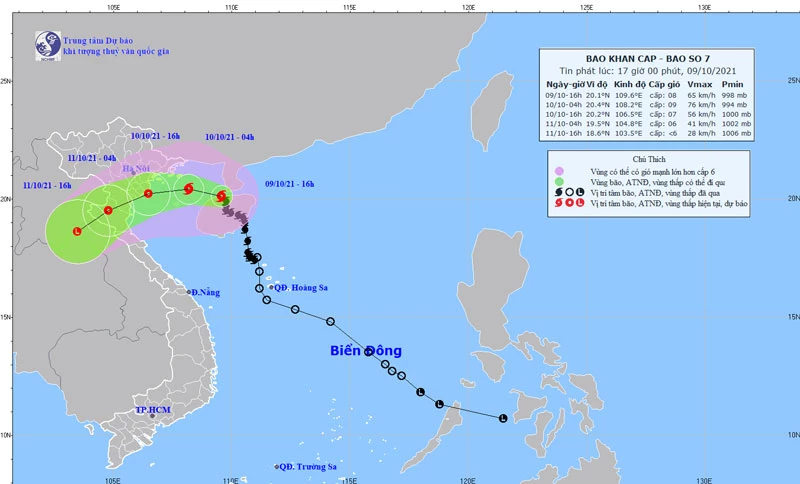 Hướng đi dự kiến của bão số 7.