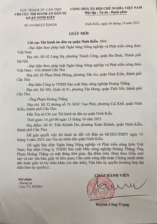 Thư mời của Chi cục THADS quận Ninh Kiều gởi đến các bên liên quan đến việc thi hành bản án.