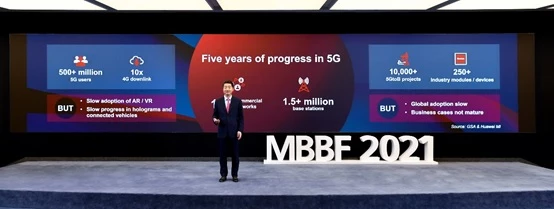 Ken Hu phát biểu về sự phát triển 5G tại MBBF 2021.