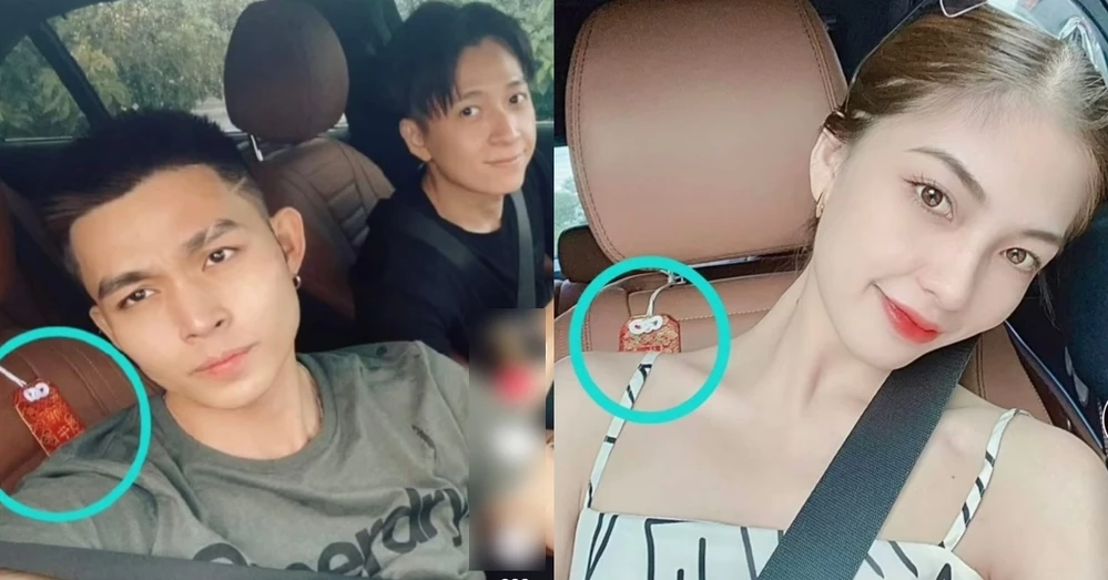 Cụ thể trên ghế lái phụ xe của Ngô Kiến Huy có treo một sợi dây với hoa văn đỏ, hình ảnh này giống với bức ảnh mà Uyên Endy từng đăng tải.